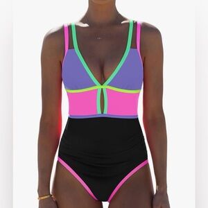 Popvil 1 Piece Swimsuit Cutout Neon Color Block Deep V-Neck Purple Large NWT